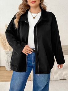SHEIN CURVE+ Jaket Lengan Panjang Kasual Serbaguna untuk Wanita Ukuran Besar, Warna Polos, dengan Resleting, Cocok untuk Sehari-hari di Musim Gugur - Hitam - View 6