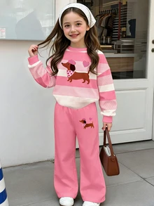 女童可愛甜美兩件套，條紋臘腸犬幼犬印花長袖圓領衛衣與寬腿褲套裝，適合秋冬休閒穿著 - 彩色 - 查看 5