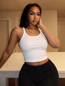 Slaydiva 2024 Simple Basic Style Short Cropped Tank Top With Elasticity, Perfect For Sport And Fitness, Women's - White - View 2