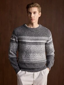 Manfinity CityGents 男士深灰色圖案長袖圓領針織衫 老錢風 假日度假 秋季 親子套裝 復古休閒 適合批發採購 - 淺灰色 - 查看 4