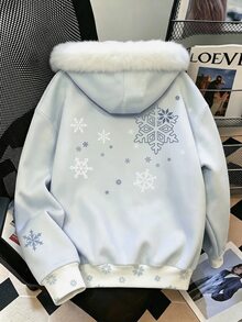 Resyla Women's Outerwear Top, Autumn/Winter Top, Student, Pattern, Blue, White, Snowflake Pattern, Women's Fur Collar Sweatshirt - Multicolor - View 2