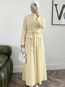 Solavon 女款純色腰部打結設計上衣與裙子休閒日常兩件套 - 杏色 - 查看 9