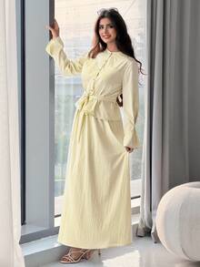 Solavon 女款純色腰部打結設計上衣與裙子休閒日常兩件套 - 杏色 - 查看 3