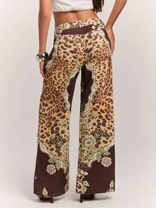 SHEIN BAE Celana Jeans Denim Kasual Wanita Motif Leopard dan Bunga Musim Gugur & Musim Dingin yang Elegan - MultiWarna - View 2
