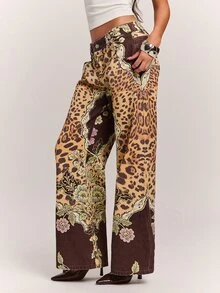 SHEIN BAE Celana Jeans Denim Kasual Wanita Motif Leopard dan Bunga Musim Gugur & Musim Dingin yang Elegan - MultiWarna - View 7