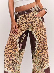 SHEIN BAE Celana Jeans Denim Kasual Wanita Motif Leopard dan Bunga Musim Gugur & Musim Dingin yang Elegan - MultiWarna - View 5
