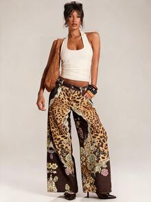 SHEIN BAE Celana Jeans Denim Kasual Wanita Motif Leopard dan Bunga Musim Gugur & Musim Dingin yang Elegan - MultiWarna - View 3