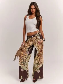 SHEIN BAE Celana Jeans Denim Kasual Wanita Motif Leopard dan Bunga Musim Gugur & Musim Dingin yang Elegan - MultiWarna - View 1