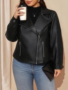 SHEIN LUNE Plus Size Women's Solid Color PU Leather Fashion Versatile Long Sleeve Jacket Going Out Holiday Office Black Autumn Casual Baggy Elegant - Black - View 6