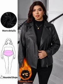 SHEIN LUNE Plus Size Women's Solid Color PU Leather Fashion Versatile Long Sleeve Jacket Going Out Holiday Office Black Autumn Casual Baggy Elegant - Black - View 12