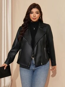 SHEIN LUNE Plus Size Women's Solid Color PU Leather Fashion Versatile Long Sleeve Jacket Going Out Holiday Office Black Autumn Casual Baggy Elegant - Black - View 9