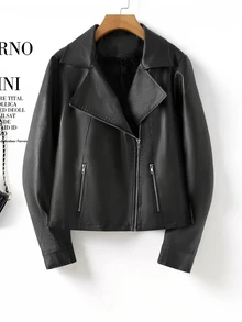 SHEIN LUNE Plus Size Women's Solid Color PU Leather Fashion Versatile Long Sleeve Jacket Going Out Holiday Office Black Autumn Casual Baggy Elegant - Black - View 3