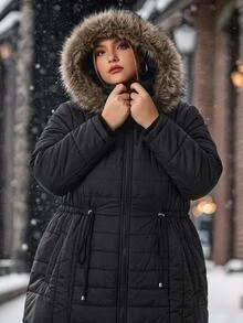 SHEIN CURVE+ Jaket Musim Dingin Lengan Panjang Berkerudung Tebal Ukuran Besar dengan Lapisan Termal, Hitam Polos - Hitam - View 1