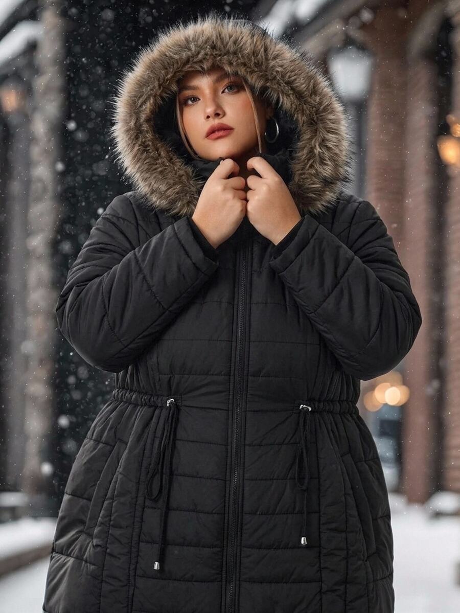 SHEIN CURVE+ Jaket Musim Dingin Lengan Panjang Berkerudung Tebal Ukuran Besar dengan Lapisan Termal, Hitam Polos - Hitam - View 1
