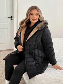SHEIN CURVE+ Jaket Musim Dingin Lengan Panjang Berkerudung Tebal Ukuran Besar dengan Lapisan Termal, Hitam Polos - Hitam - View 5