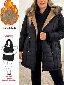 SHEIN CURVE+ Jaket Musim Dingin Lengan Panjang Berkerudung Tebal Ukuran Besar dengan Lapisan Termal, Hitam Polos - Hitam - View 9