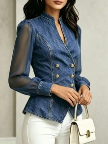LUMIGAL Women's Double-Breasted Denim Effect Mesh Long Sleeve Elegant Blouse - Blue - View 4