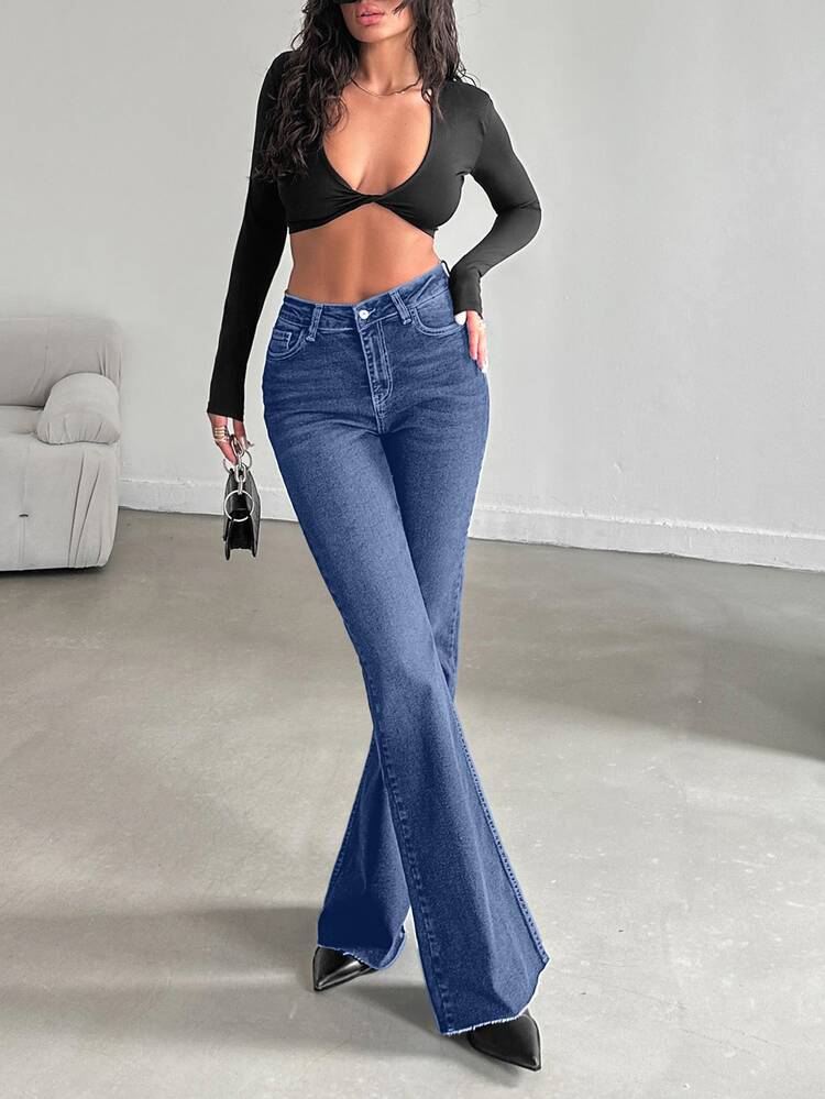 EURMUSE Women's High Waist Pockets Casual Versatile Flare Leg Jeans Everyday Going Out Dark Blue Summer - Dark Wash - View 4