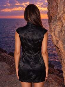 Allurite Summer Stand Collar Cap Sleeve Slit Fitted Mini Dress - Black - View 3