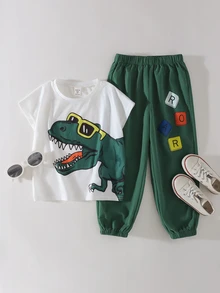 THE HAPPY LOOK 2pcs/Set Young Boy Cartoon Dinosaur Pattern Knit Soft Round Neck Short Sleeve Top And Elastic Waist Jogger Pants - Multicolor - View 3