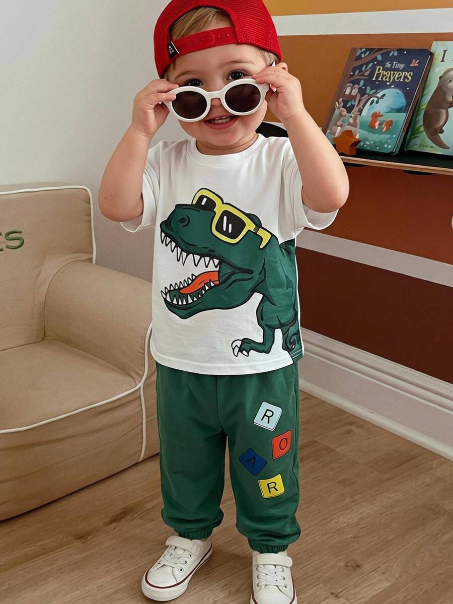 THE HAPPY LOOK 2pcs/Set Young Boy Cartoon Dinosaur Pattern Knit Soft Round Neck Short Sleeve Top And Elastic Waist Jogger Pants - Multicolor - View 1