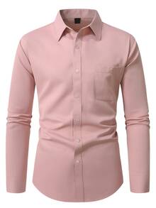 Manfinity Mode Men's Dress Shirts Solid Long Sleeve Stretch Wrinkle-Free Formal Shirt Business Casual Button Down Shirts, Fall, Ceremony - Baby Pink - View 3