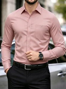 Manfinity Mode Men's Dress Shirts Solid Long Sleeve Stretch Wrinkle-Free Formal Shirt Business Casual Button Down Shirts, Fall, Ceremony - Baby Pink - View 1