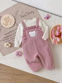 SHEIN Newborn Baby Girl Cute Versatile Casual Pink Rainbow Embroidered Autumn Winter Jumpsuit, Suitable For Children All Seasons - Pink - View 4