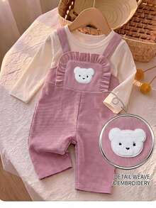 SHEIN Newborn Baby Girl Cute Versatile Casual Pink Rainbow Embroidered Autumn Winter Jumpsuit, Suitable For Children All Seasons - Pink - View 1