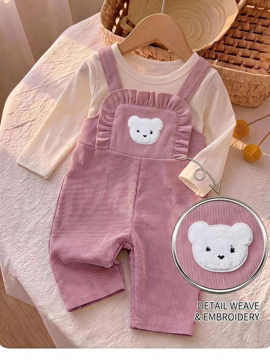 SHEIN Newborn Baby Girl Cute Versatile Casual Pink Rainbow Embroidered Autumn Winter Jumpsuit, Suitable For Children All Seasons - Pink - View 1