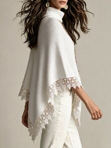 Breezaya Gaya Lembut Musim Gugur/Dingin, Kerah Tinggi, Hiasan Renda, Jubah Rajut Patchwork, Atasan Sweater Wanita Longgar, Kasual Putih, Cocok untuk Kencan Sehari-hari, Warna Putih, Elegan. - Putih - View 2