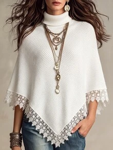 Breezaya Gaya Lembut Musim Gugur/Dingin, Kerah Tinggi, Hiasan Renda, Jubah Rajut Patchwork, Atasan Sweater Wanita Longgar, Kasual Putih, Cocok untuk Kencan Sehari-hari, Warna Putih, Elegan. - Putih - View 1