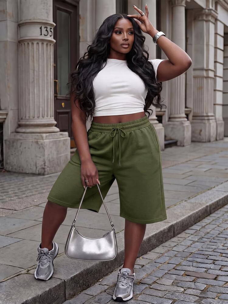 Slaydiva Plus Size Women's Baggy Sweat Shorts, Elastic Waist Drawstring Wide Leg Capri Pants, Casual Loungewe - Mist Green - View 11