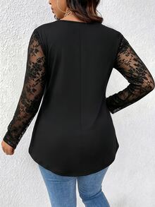 EMERY ROSE Plus Size Women's Elegant Sexy Casual Minimalist Commuter Versatile Slimming Daily Mesh Flocked Floral Fabric Patchwork Round Neck Design Long Sleeve T-Shirt Spring Autumn - Black - View 2