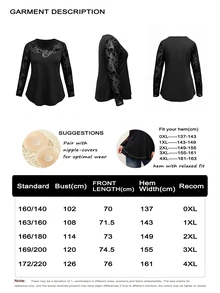 EMERY ROSE Plus Size Women's Elegant Sexy Casual Minimalist Commuter Versatile Slimming Daily Mesh Flocked Floral Fabric Patchwork Round Neck Design Long Sleeve T-Shirt Spring Autumn - Black - View 3