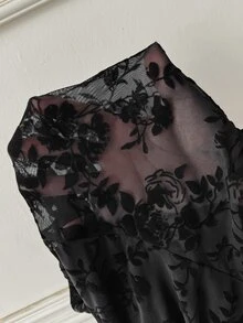 EMERY ROSE Plus Size Women's Elegant Sexy Casual Minimalist Commuter Versatile Slimming Daily Mesh Flocked Floral Fabric Patchwork Round Neck Design Long Sleeve T-Shirt Spring Autumn - Black - View 8