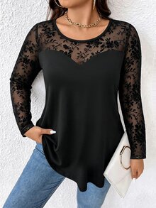 EMERY ROSE Plus Size Women's Elegant Sexy Casual Minimalist Commuter Versatile Slimming Daily Mesh Flocked Floral Fabric Patchwork Round Neck Design Long Sleeve T-Shirt Spring Autumn - Black - View 6