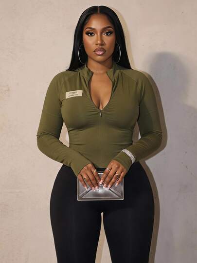 Slaydiva Autumn Casual Sports Simple Small Stand-Up Collar Half Zipper Thumb Cuffs Long Sleeves Patch Decoration Raglan Sleeves Slim Yoga Wear Military Green Knitted Women's Top-E .