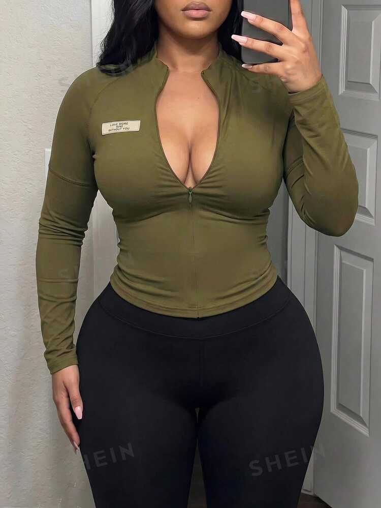Slaydiva Autumn Casual Sports Simple Small Stand-Up Collar Half Zipper Thumb Cuffs Long Sleeves Patch Decoration Raglan Sleeves Slim Yoga Wear Military Green Knitted Women's Top-E . - Green - View 7