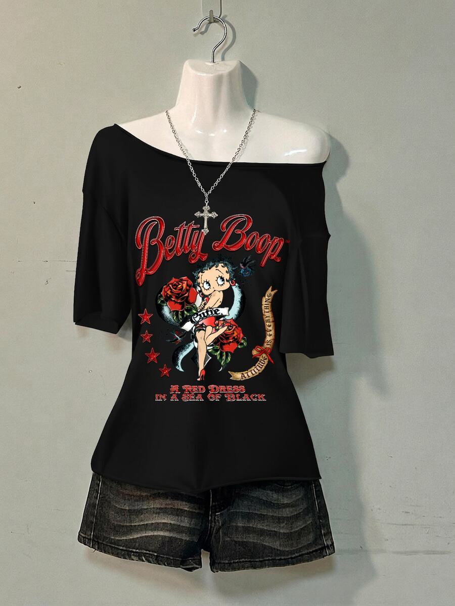 Attitoon Betty Boop x SHEIN 休閒極簡落肩女款T恤，適合夏季，Betty聯名Grunge風格，女款聯名印花圖案，適合外出、街頭穿搭、機場穿搭、時尚、返校、Y2K、派對、海灘度假、假日 - 黑色 - 查看 1