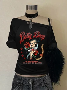 Attitoon Betty Boop x SHEIN 休閒極簡落肩女款T恤，適合夏季，Betty聯名Grunge風格，女款聯名印花圖案，適合外出、街頭穿搭、機場穿搭、時尚、返校、Y2K、派對、海灘度假、假日 - 黑色 - 查看 4