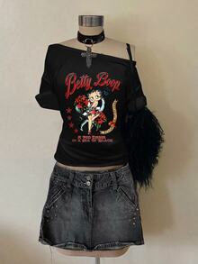 Attitoon Betty Boop x SHEIN 休閒極簡落肩女款T恤，適合夏季，Betty聯名Grunge風格，女款聯名印花圖案，適合外出、街頭穿搭、機場穿搭、時尚、返校、Y2K、派對、海灘度假、假日 - 黑色 - 查看 6