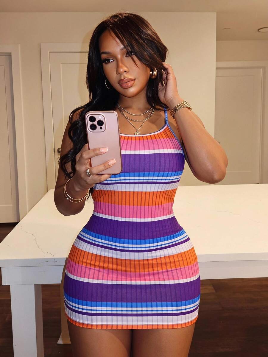 Slaydiva Casual Sling Colorful Striped Imitation Pit Fabric All-Over Printed Mini Tight Dress Women's Dress,Summer Dresses For Women