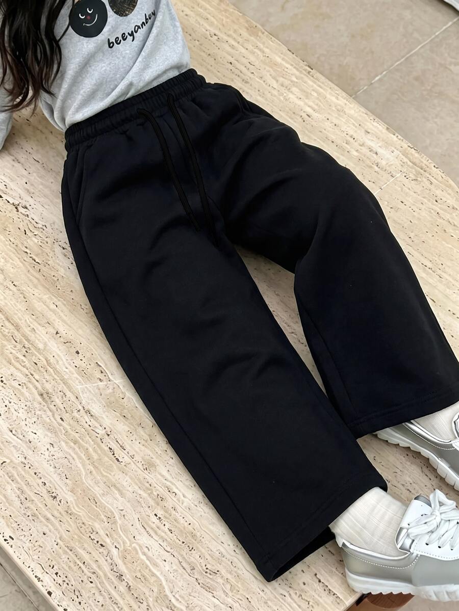 女童牛仔長褲 秋季新品 黑色 鬆緊腰帶抽繩設計 寬鬆版型 輕量柔軟牛仔面料 牛仔風 - 黑色 - 查看 1