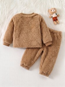 Cozy Pixies 女嬰卡通熊圖案保暖內裡加厚圓領長袖套頭上衣與鬆緊腰長褲2件套，舒適百搭時尚日常可愛熊圖案極簡百搭風格，適合室內、戶外滑雪、日常穿著、運動、玩耍、派對、攝影、假期、聖誕節 - 棕色 - 查看 2