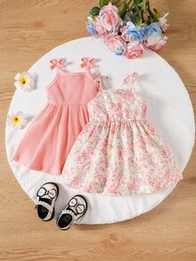 Souflis Souflis 2pcs Baby Girls' Casual Spaghetti Strap Dress With All-Match And Cute Fun Printed Floral Patterns, Suitable For Spring/Summer, Perfect Valentine's Day - Pink - View 6