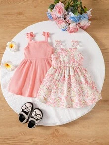 Souflis Souflis 2pcs Baby Girls' Casual Spaghetti Strap Dress With All-Match And Cute Fun Printed Floral Patterns, Suitable For Spring/Summer, Perfect Valentine's Day - Pink - View 3