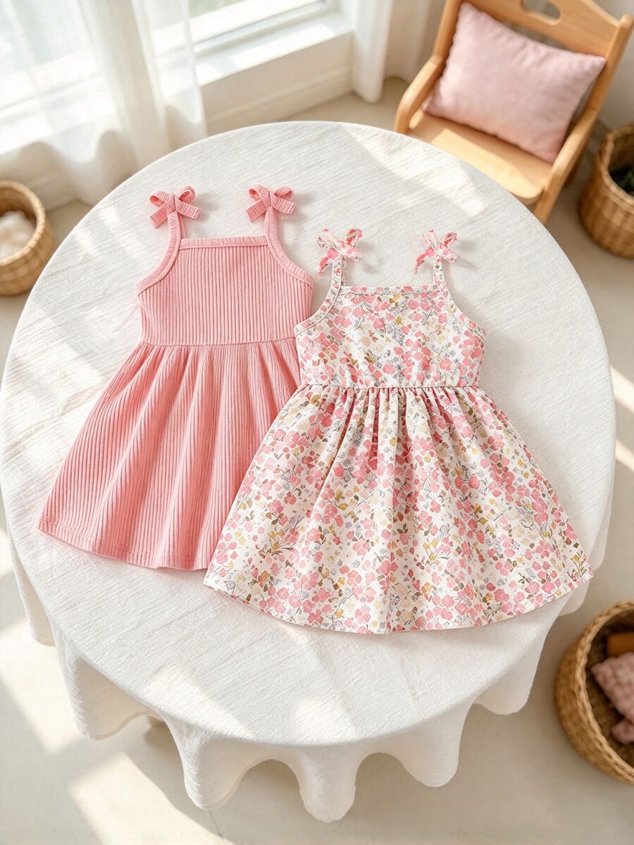 Souflis Souflis 2pcs Baby Girls' Casual Spaghetti Strap Dress With All-Match And Cute Fun Printed Floral Patterns, Suitable For Spring/Summer, Perfect Valentine's Day - Pink - View 1
