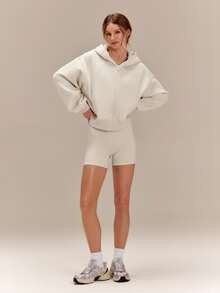 GLOWMODE Everyday Fleece Chilly Days Relaxed Hoodie Jacket With Ribbed Cuffs & Hem Waist-Length Daily Casual Fall Winter Wear - Pearl White - View 7