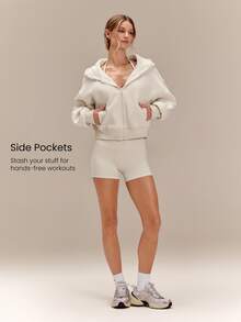 GLOWMODE Everyday Fleece Chilly Days Relaxed Hoodie Jacket With Ribbed Cuffs & Hem Waist-Length Daily Casual Fall Winter Wear - Pearl White - View 4